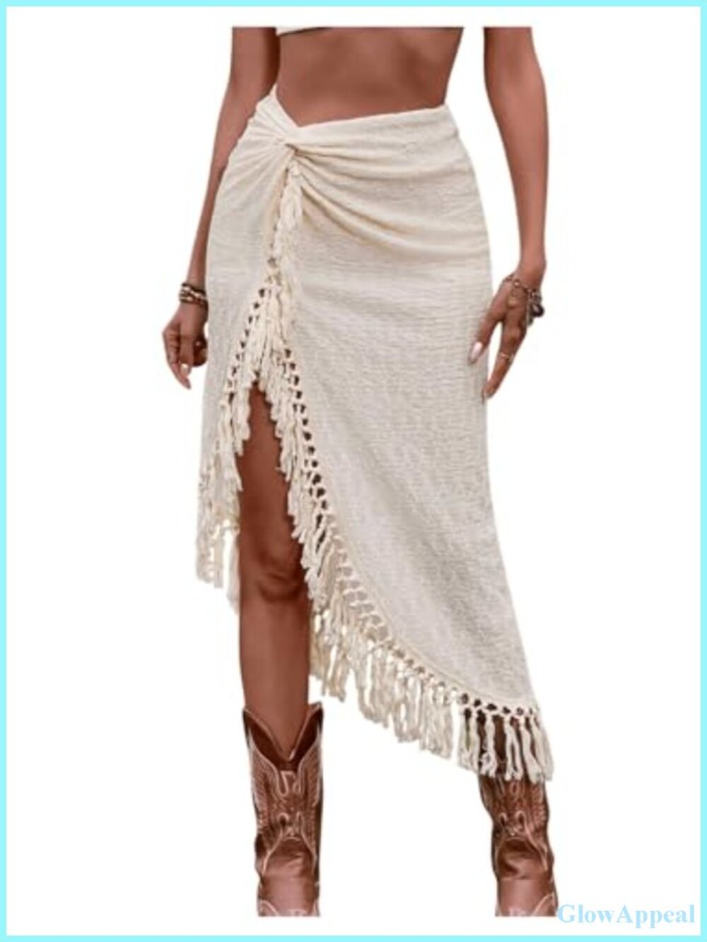 Womens Boho Fringe Tassel Midi Skirt High Waist Split Thigh